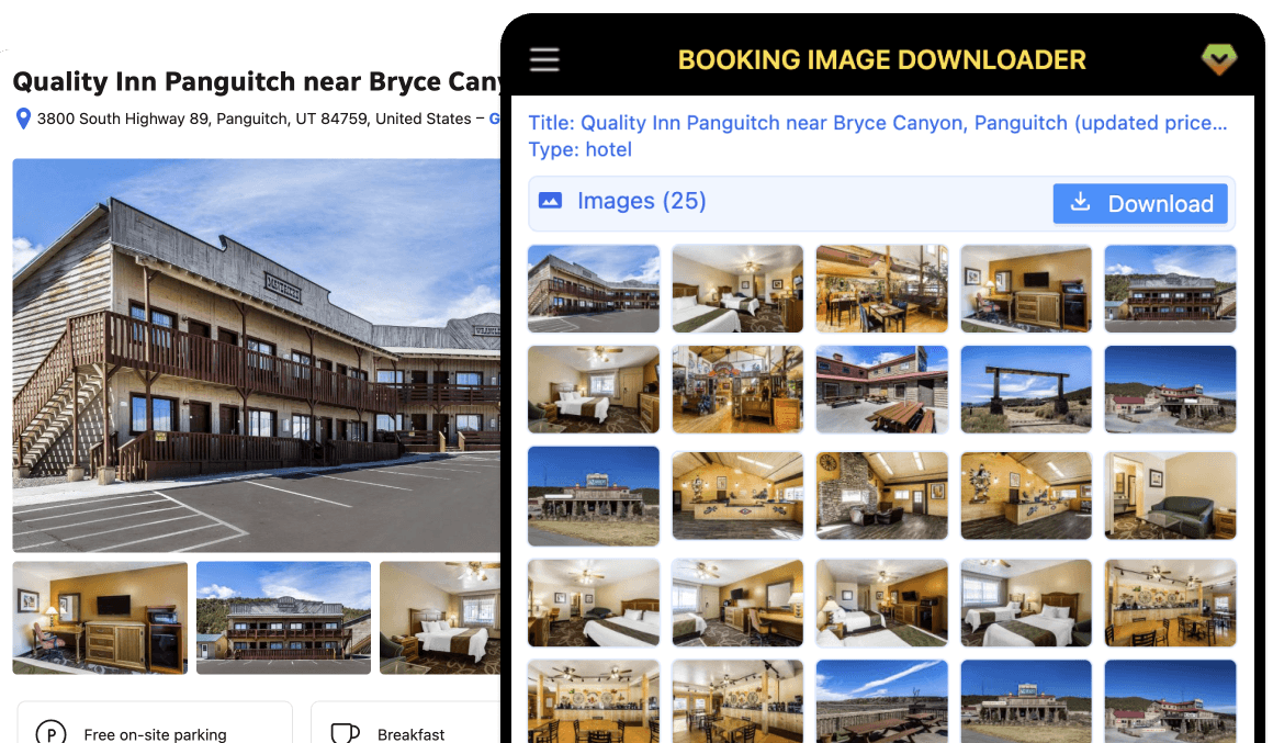 Booking Image Downloader extension on a Booking.com hotel listing; attraction pages use the same panel